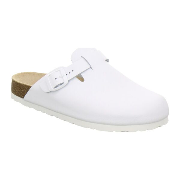 Weißer Clog mit Korkfußbett und Fersenriemen